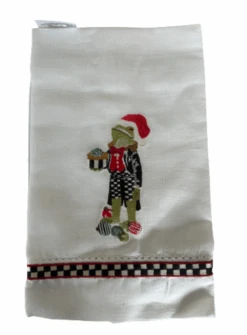 MacKenzie-Childs Christmas Santa Frog Guest Towels Set Of 2 New With Tag